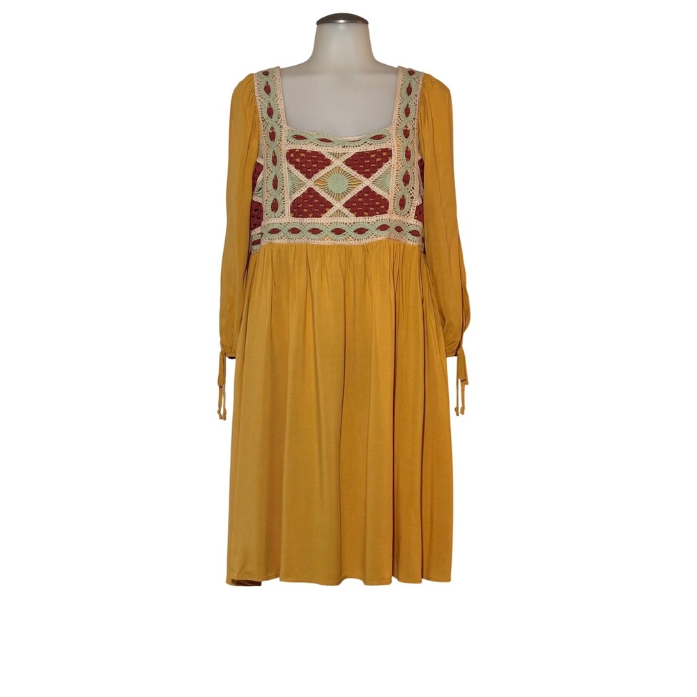 Cato Crochet Bodice Dress Womens L Ochre Yellow Boho Cold Shoulder peasant‎  NEW